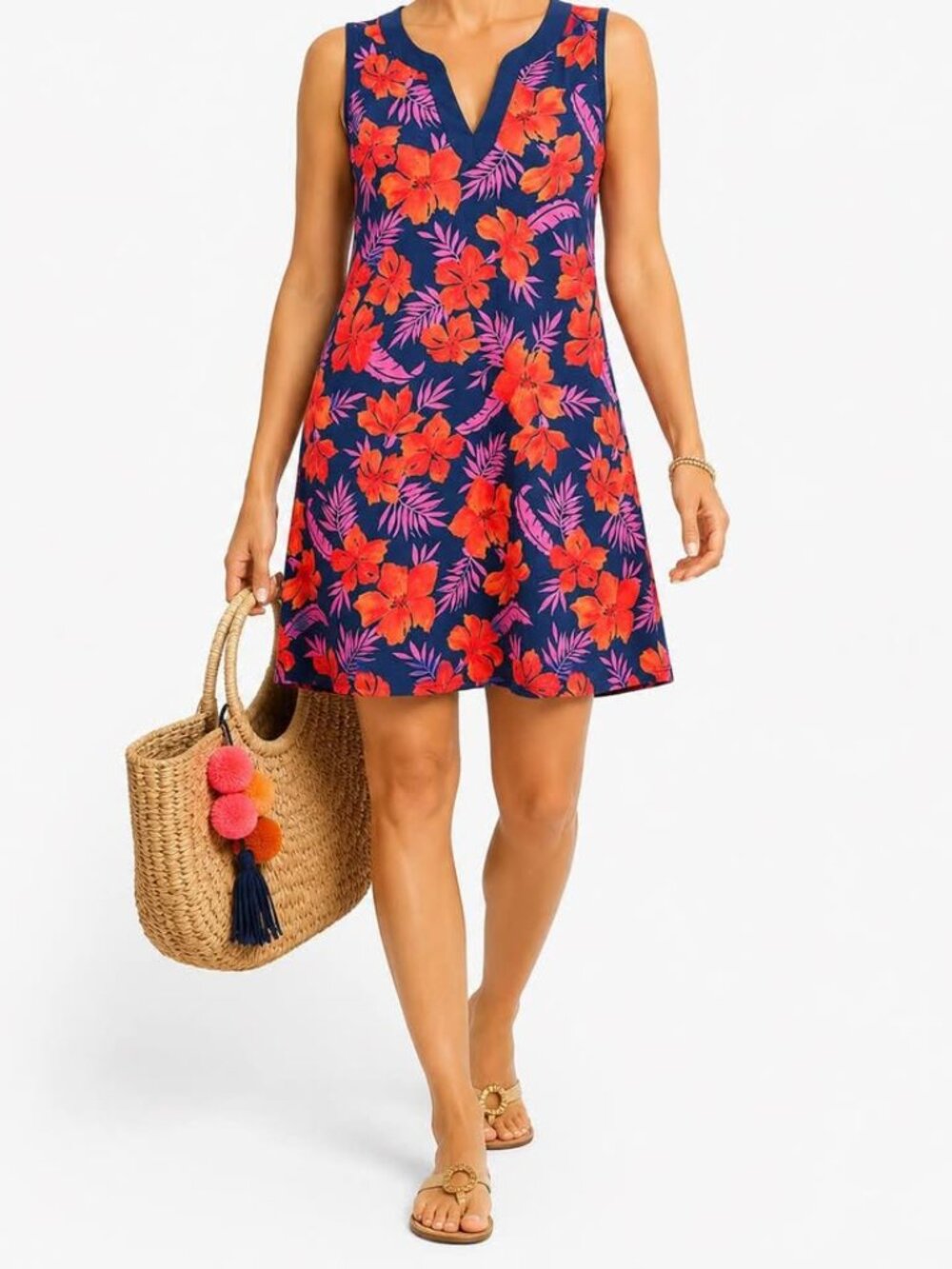 Lands' End Tropical Flower Blue V-Neck Sleeveless Summer Vacation Dress [size M]